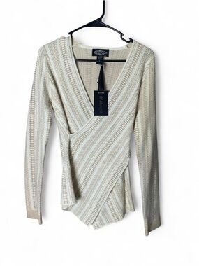 NWT Oliver.o Metallic Gold Shimmer Faux Wrap Knit Sweater - Large